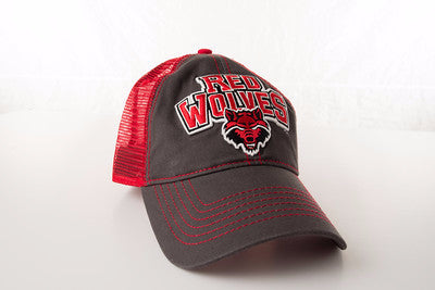 Red Wolves Charcoal/Red Twill and Mesh 6 panel Cap with Embroidered Front and Back Velcro Strap